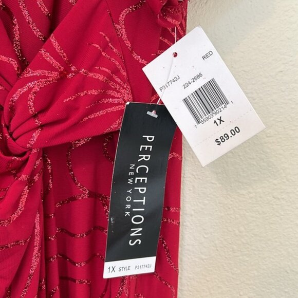 Perceptions Sparkle Red Ling Midi Dress size 1X shark bite hem Faux Wrap - Picture 3 of 7